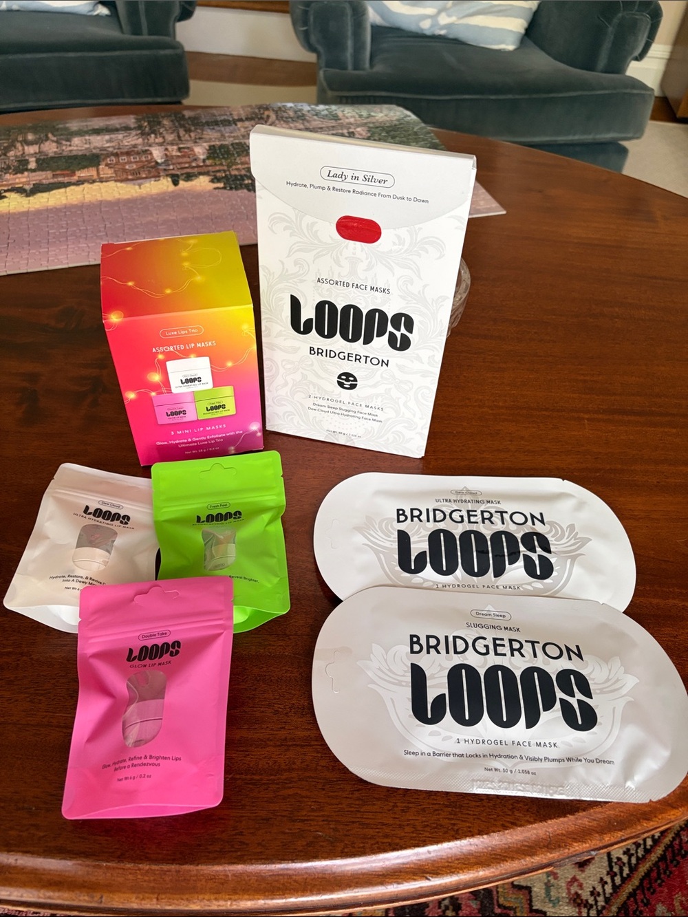 NWT Loops Beauty x Bridgerton Face Mask Set and Luxe Lips Trio Mini Lip Mask Set
